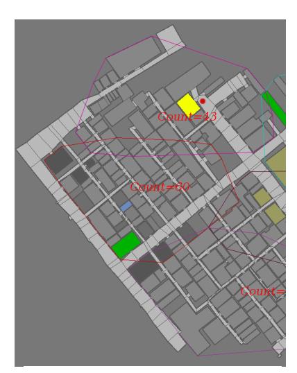 5. The agent starts its search from the nearest house -which is shown with yellow color- in its own cluster , which is shown with pink color.