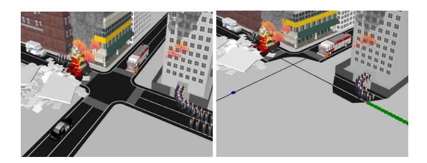 A image of assumed rescue scenarios ([left]: evacuation of people is simulated by free space model. [right]: the evacuation on roads is simulated by network model.