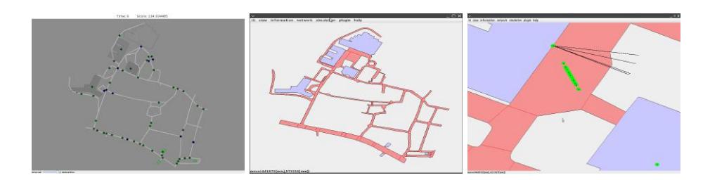 Evacuation behavior simulation at disasters. [left] A snapshot of original RCRS. [middle] A new GIS viewer that deal roads with *area* property. [right] A snapshot of simulations that agents out of an exit of building cut across the area in front of the building.