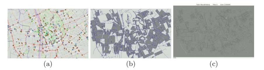 Fig. 1. The figure shows the conversion of OpenStreetMap data to a rescue map for the city of Graz. (a) The raw data in the JOSM editor. (b) The map in JOSM adapted to Rescue specific needs. (c) The converted map in the Morimoto Viewer.