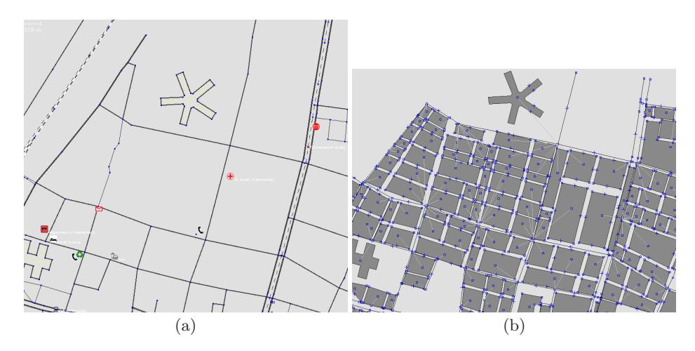 Fig. 3. An example of our building generation algorithm. (a) shows the original data. (b) shows the same scene with added buildings. Note, that the already mapped building in the top is kept during the conversion.