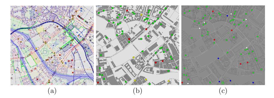 Fig. 4. The figure shows the conversion of OpenStreetMap data to a rescue map for the city of Berlin. (a) The raw data in the JOSM editor. (b) The map in JOSM adapted to Rescue specific needs. (c) The converted map in the Morimoto Viewer.