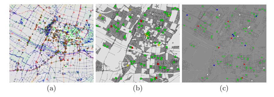 Fig. 5. The process of map conversion for the city of Freiburg. (a) shows the downloaded data in the JOSM editor. (b) shows the intermediate representation in a Rescue layer, that can be saved to Rescue format. (c) is a screenshot of the same map running in the rescue kernel's viewer.