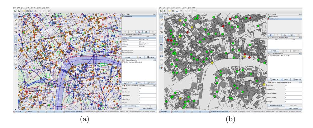 Fig. 6. This figure shows screenshots from within the JOSM map editor for the city of London. (a) shows the raw GIS data of London. (b) presents the intermediate Rescue layer, that can still be edited before being saved. On the lower right side, the options dialog of our Rescue plug-in is visible.