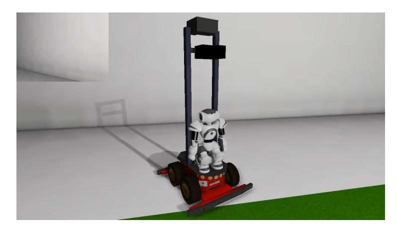 Fig. 1: Configuration of a humanoid robot on a wheeled platform in USARSim, as used in the RoboCup @Home [2].