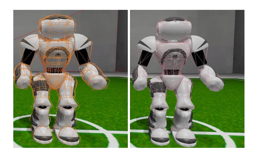Fig. 4: The left picture shows the PhysX collision model, the right picture the Unreal Engine collision model.