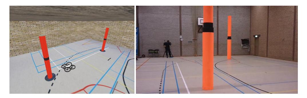 3D model of a gym (left) with realistic ground and wall textures which represents the circumstances during the Micro Air Vehicle Pylon challenge (right).
