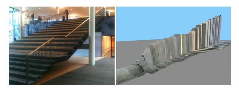 Photo and map of a large stair at our university which is traversed by the AR.Drone. The depth of each step is 30cm and the height of each step is 18cm. The total height of the stair is 480cm.