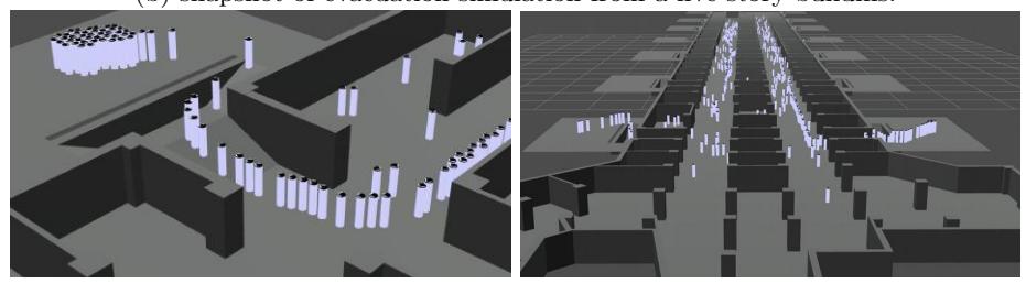 Fig. 2. Prototype system (c) snapshot of evacuation simulation from a subterranean shopping mall. (left: a stair way to ground level from street in the mall. right: a birds-eye view of the mall.)