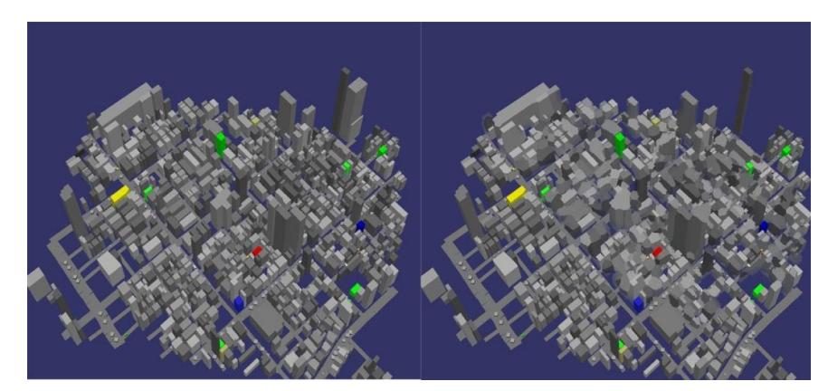 Aerial image before (left) and after (right) an earthquake