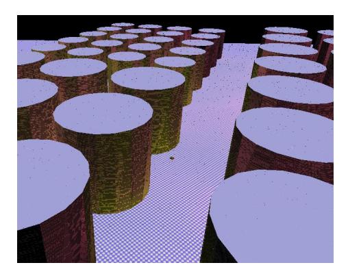 Tanks and a robot in virtual Fukushima Daiichi Nuclear Plant. The black dot in the center is P3AT robot.