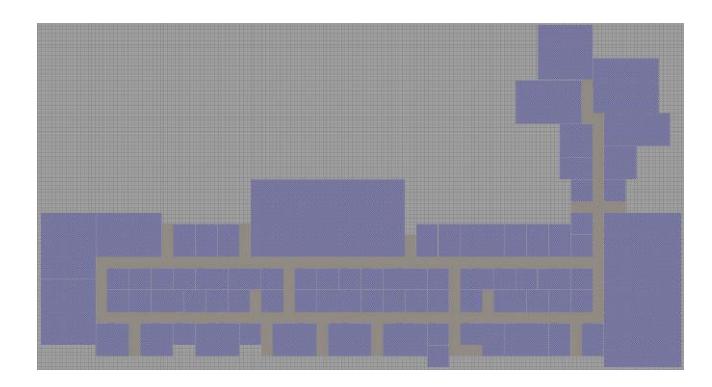 Fig. 6: Floor plan of a big shopping mall (Oriocenter, Orio al Serio (BG), Italy), generated with NIST World Generator using template and custom rooms.