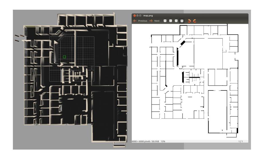 Fig. 2. Screenshot of 3D environment(left) and it's ground truth information(right). Ground truth information is used to calculate received Wi-Fi radio wave power strength between Wi-Fi base station and a robot or between multiple robots