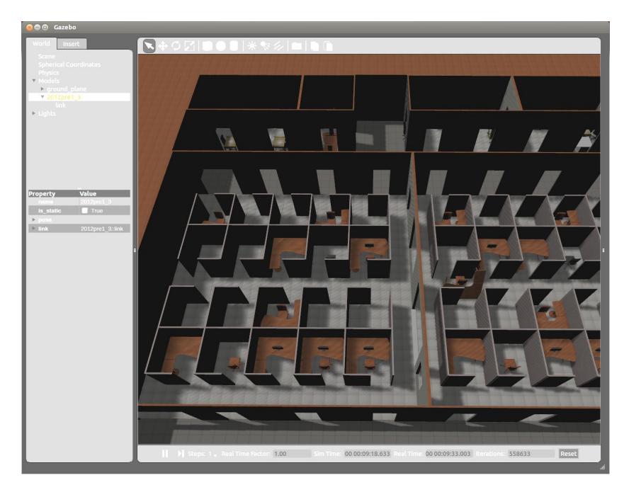 Fig. 3. A screenshot of a world in Gazebo, converted from a USARSim world created in Unreal Editor: RoboCup 2013 Virtual Robot competition Preliminary 1.