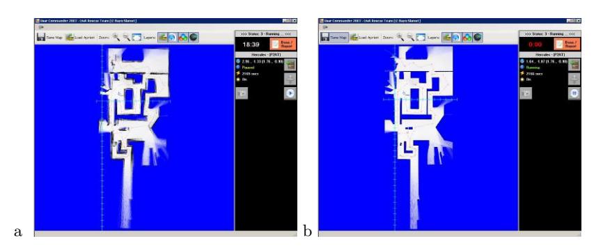 Fig. 2. Prelimenary results of a map created from the environment as displayed in figure 1. Figure 2.a is based on measurements of the inertial navigation sensor, figure 2.b is based on laser scan matching