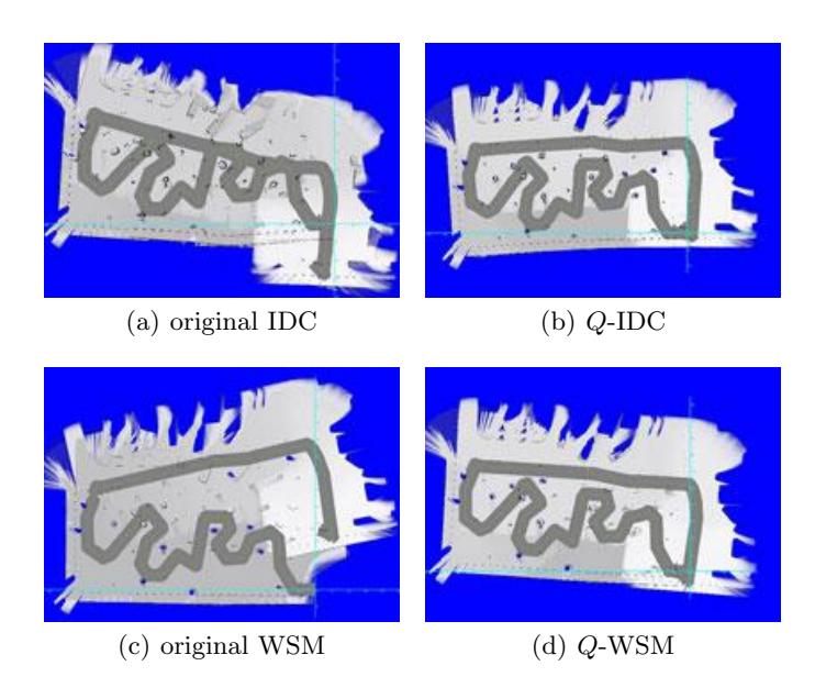 Fig. 1. Comparison of scan matching algorithms for a drive through a park, with poor odometry and sparse range scans.