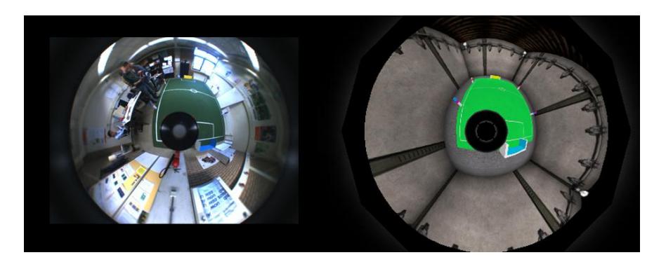 Fig. 3. The UvA robot lab seen through an omnidirectional catadioptric camera (both real and simulated).