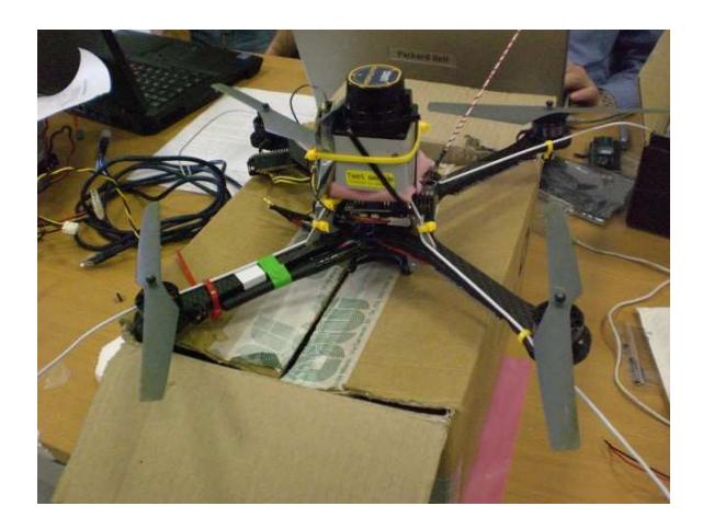 Our AscTec UAV with the Hokuyo LRS installed on its top.
