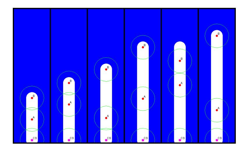 Fig. 3. A possible communication relay strategy for large environments. Green circles indicate communication ranges, white indicates free space as sensed by the agents. Initially agents A and B set out to explore. When they reach the full extent of the communication chain, A breaks its link with the ComStation and follows B. After enough new information is attained, A assumes the role of relay and returns to the ComStation, while B continues to explore. After enough new information is acquired, B returns to rendezvous with A, which in turn relays the information back while B turns around to continue with exploration.