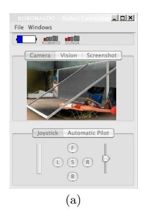 Fig. 3. Screenshots of the control system: a) The robot individual controller: icons allow easy and quick identification of battery and communication level with other robots; b) Algorithms loaded as plugins can be selected by operator in running time; c) laser scanner and sonnar viewers.