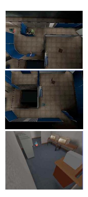 Fig. 6. Results. Left: Indoor scenes with real-world-like obstacles. P2DX shown pose is the initial robot pose in each test. Right: evolution of robot path. Filled points represent robot path with the neurofuzzy controller, while empty points show robot path with pure behavior-based controller.