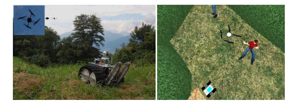 Left: A Jacobs land robot cooperating with an arial robot at the European Land Robotics Trials (ELROB) 2007 in Monte Ceneri, Switzerland. In this technology evaluation event, the aerial robot has to search for hazard areas like fire in a forest, which the land robot then has to reach. Right: A simulated RugBot and AirRobot in USARSim. Much like in the real scenario, the aerial robot will allow a much broader overview of the incident area.