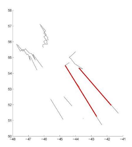 Fig. 2. Two frames of the laser scan. The two red lines are the matched lines of two frames.