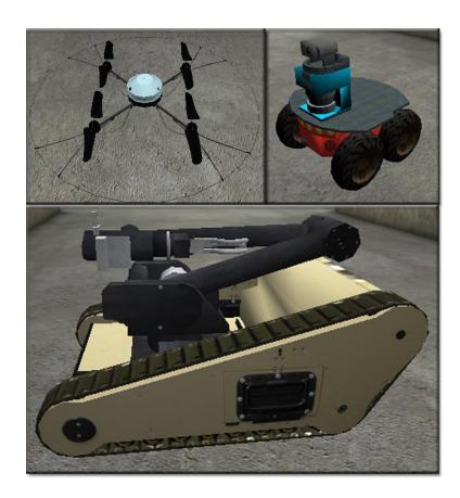 Fig. 1. Simulated pictures of the three robotic platforms used by the UC Merced team. The upper-left screenshot displays the AirRobot, the upper-right screenshot illustrates the P2AT, and the lower screenshot shows the Matilda. As can clearly be seen, the chosen robotic platforms are fervently diverse.