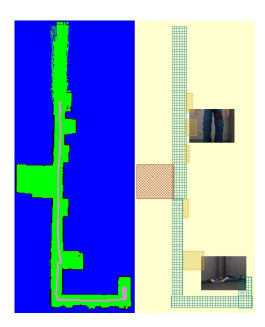 Fig. 2. Two layers of a sample map produced by our algorithm. The left side shows the occupancy grid map produced by GMapping as well as the robot's path and the victims' location. The right map shows grouping information along with victims' picture.