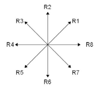 Fig. 1. Default target directions asassigned for eight robots.