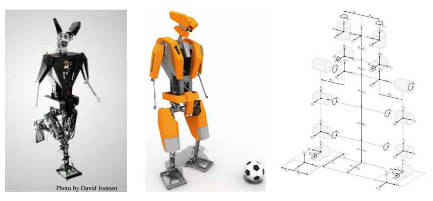 Adult-size humanoid robot TUlip: photo, CAD drawing and kinematic configuration in the lower body.