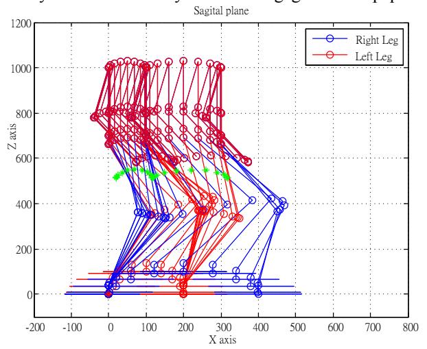 Fig. 2. The stick diagram of the humanoid robot for a walking step.