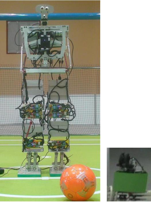 Fig. 4. Photos of assembled HuroEvolution*AD* (left-hand-side) and the active vision sensor (right-hand-side)