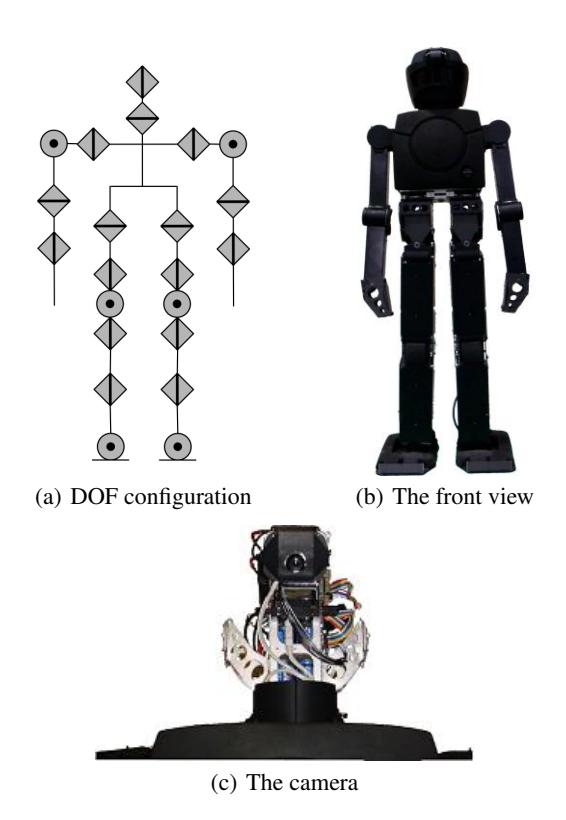 Fig. 1. Tichno-RN: (a) A schematic overview of the actuators and the configuration of the body. (b) The front view of the whole body (c) The camera mounted on the robot