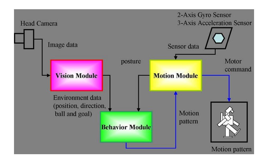 Fig. 2. Overall system of the software: There are three modules: the vision, the behavior, and the motion modules.
