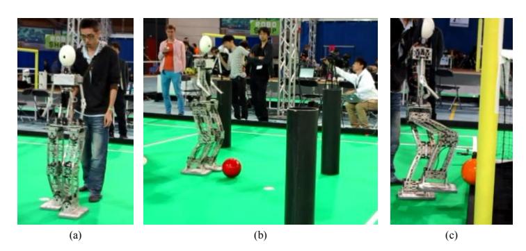 Fig. 4. RoboCup 2013 Technical Challenge: (a) The Footrace. (b) Obstacle Avoidance and Dribbling. (c) High-Kick Challenge.