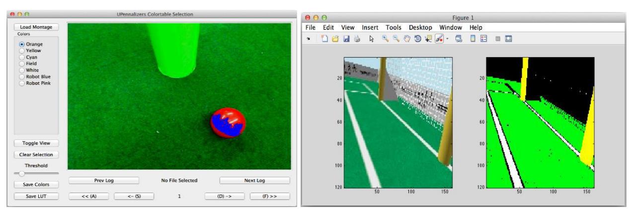 Fig 6: Colortables can be made with a QT user interface for classifying ball colors (left). The generated lookup table can be monitored in MATLAB (right).