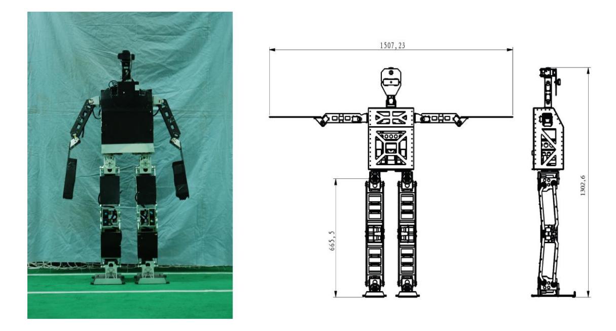 Fig. 1. 1) THU-Strider robots 2) Robot Dimension