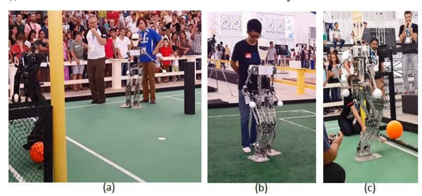Fig. 4. RoboCup 2014: (a) The Dribble and Kick Competition. (b) Artificial Grass Challenge. (c) High-Kick Challenge.