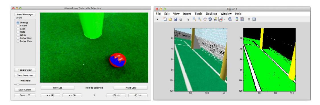 Fig. 6. Colortables can be made with a QT user interface for classifying ball colors (left). The generated lookup table can be monitored in MATLAB (right).
