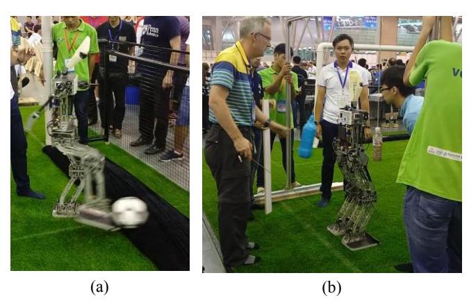 Fig. 4. RoboCup 2013 Technical Challenge: (a) High-Kick Challenge. (b) Push and Recovery.