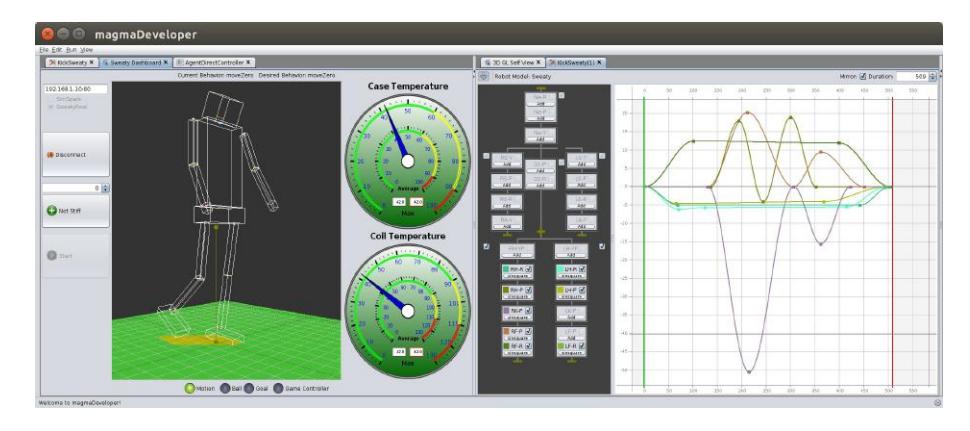 The magmaDeveloper with (from left to right) connection control, robot state, temperature control and function behavior editor.