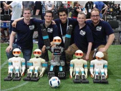 Fig. 1. Left: Previously built TeenSize robots. Right: Team NimbRo TeenSize during RoboCup 2016 in Leipzig, Germany.