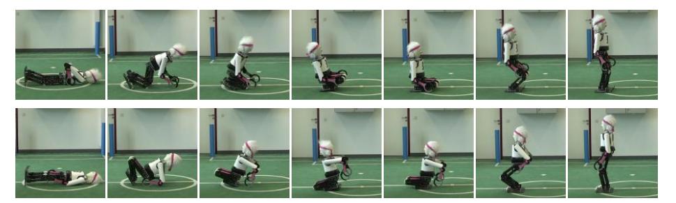 Fig. 4. Top row: Get-up motion from the prone posture. Bottom row: Get-up motion from the supine posture. In both motion sequences, the robot passively rocks back and forth on the foot edges from frames 3 to 5.