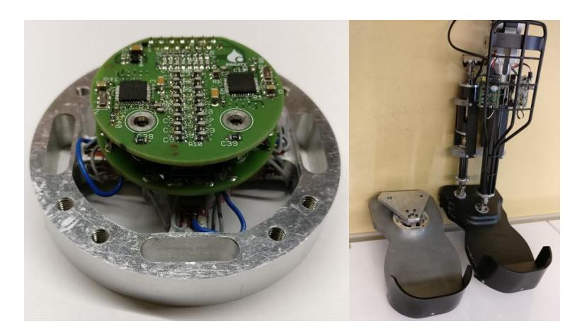 New Sensor for Sweaty's ankle including the electronics (left) and integration of the new sensor (right) showing the new and the old foot for comparison.