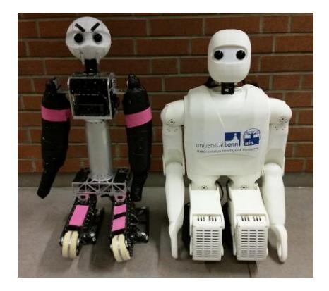 Left: Our AdultSize Robots Copedo and the NimbRo-OP2. Right: The NimbRo team at RoboCup 2017 in Nagoya, Japan.