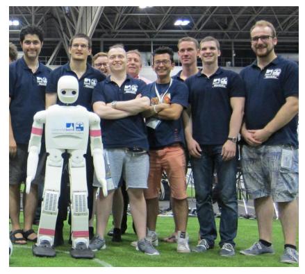 Left: Our AdultSize Robots Copedo and the NimbRo-OP2. Right: The NimbRo team at RoboCup 2017 in Nagoya, Japan.