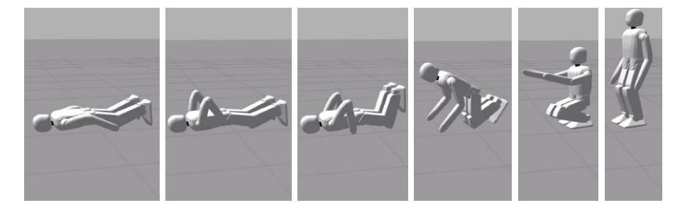 Get-up motion from a prone position in simulation.