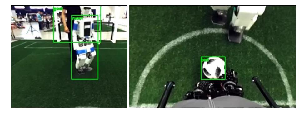 Fig. 3. The result of the vision recognition to recognize a ball, a goal and a robot using CNN in an actual Robocup game.