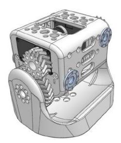Fig. 3. Hip joint utilising 3D printed double helical gears. CAD model (left) in comparison to the real joint (right).